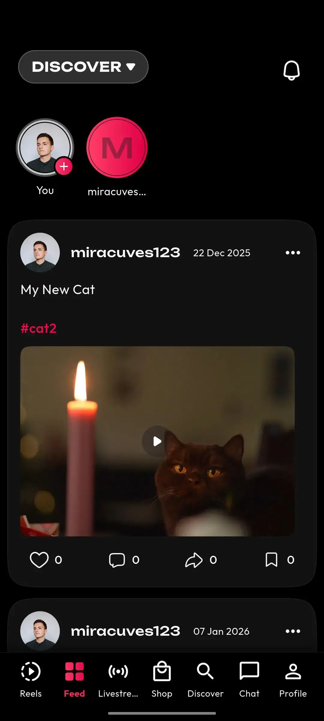 TikTok Clone 17 Mobile discovery feed with creator stories, user posts, hashtags, video engagement, and account navigation