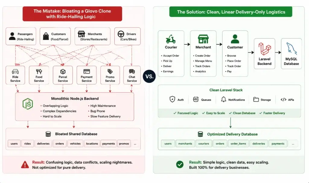 Why We Refuse Node.js & Go for Clone Apps 2 A comparative technical diagram illustrating the architecture mistake of combining ride-hailing and food delivery in a fragmented stack, against the correct streamlined, linear logistics model used in the Miracuves Glovo-style clone build.