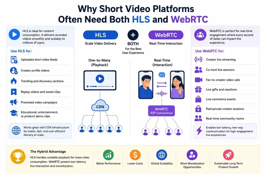 WebRTC vs HLS: Choosing the Right Streaming Tech for Short Video Apps 1 Infographic explaining why short video platforms use both HLS and WebRTC for scalable video playback and real-time creator interaction.