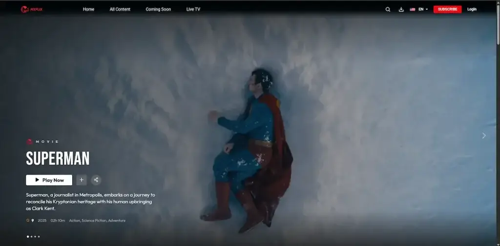 Netflix Clone 45 Desktop streaming homepage featuring a Superman hero banner with playback, title information, navigation, and subscription access