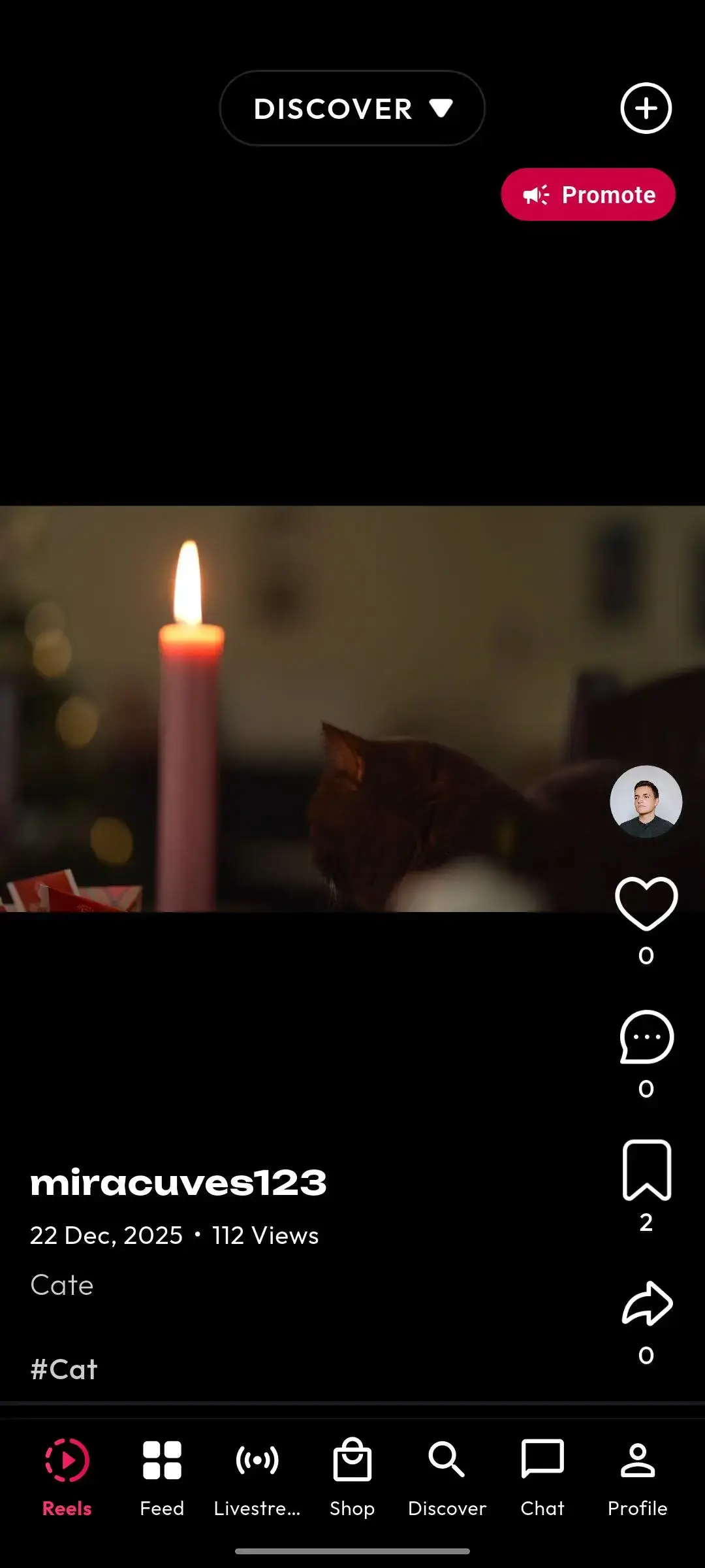 TikTok Clone 22 Mobile vertical-video feed with creator details, caption, engagement actions, discovery mode, and content navigation