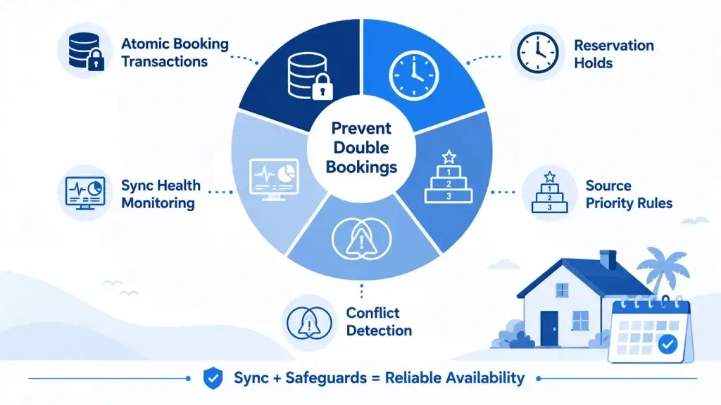 How to Build an iCal Calendar Sync System for Vacation Rental Platforms 2 Pie chart infographic explaining how vacation rental platforms prevent double bookings using booking transactions, reservation holds, source priority rules, conflict detection, and sync health monitoring.