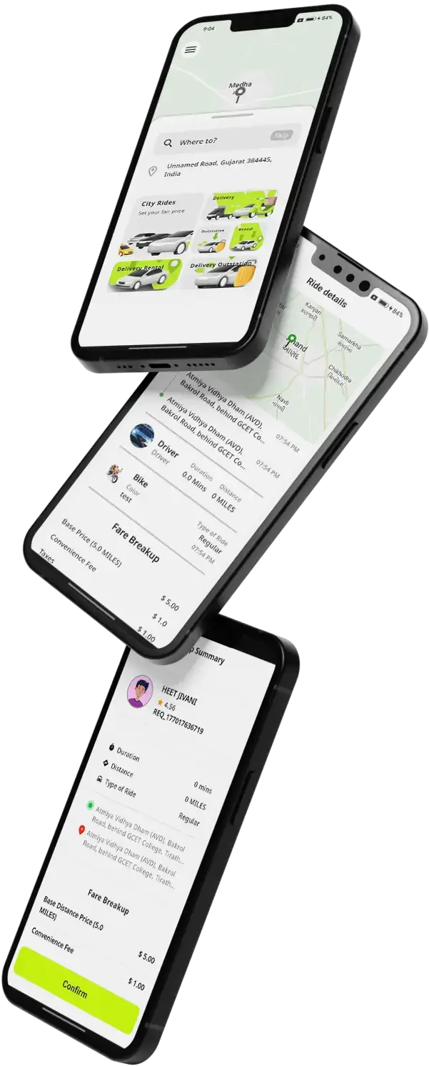 inDrive Clone 10 Ride-hailing mobile app screens displaying taxi booking, delivery options, ride details, fare breakdown, and trip confirmation interface.