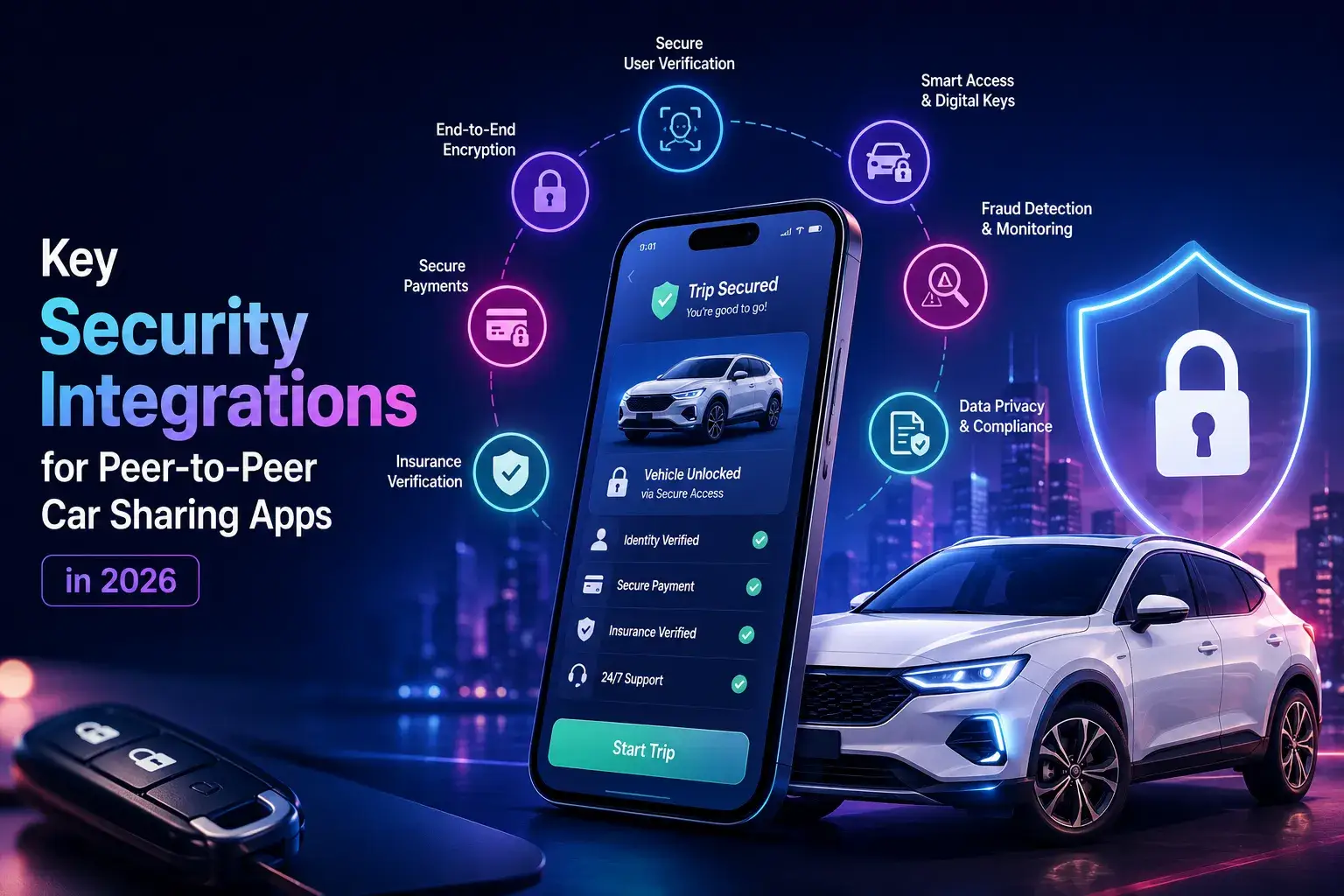 P2P car sharing app security infographic showing secure user verification, digital keys, fraud detection, encrypted payments, insurance verification, and data privacy integrations for vehicle-sharing platforms.