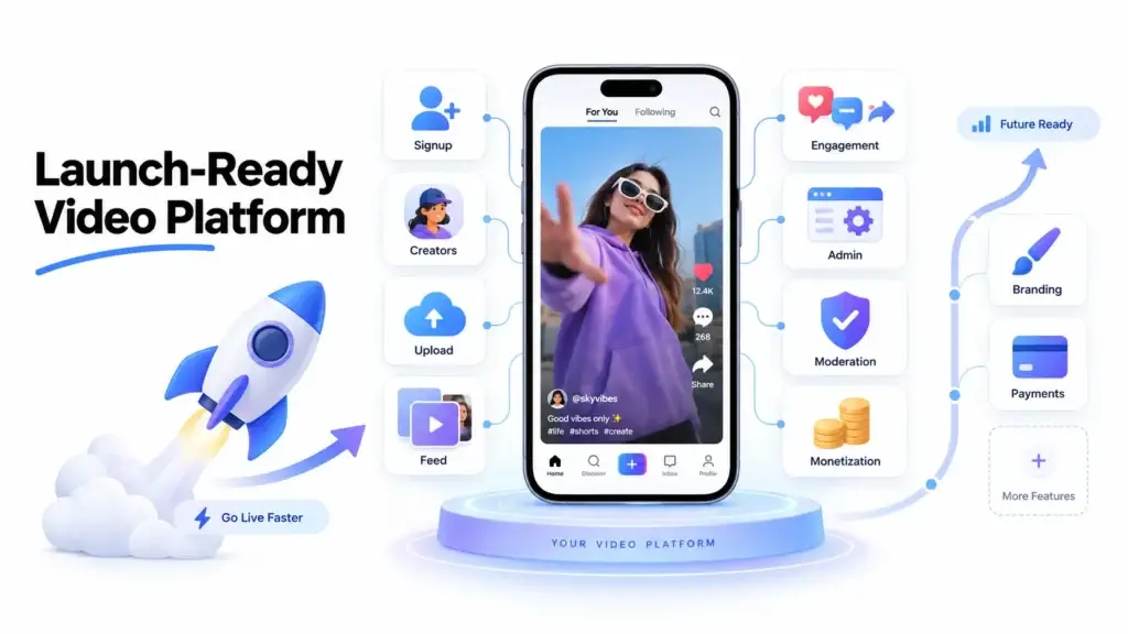 Ready-Made vs Custom Short-Form Video Platform Development: Which Approach Fits Startups Better? 1 Launch-ready short-form video platform with signup, creator onboarding, video uploads, personalized feed, engagement, admin controls, moderation, monetization, branding, and payments.
