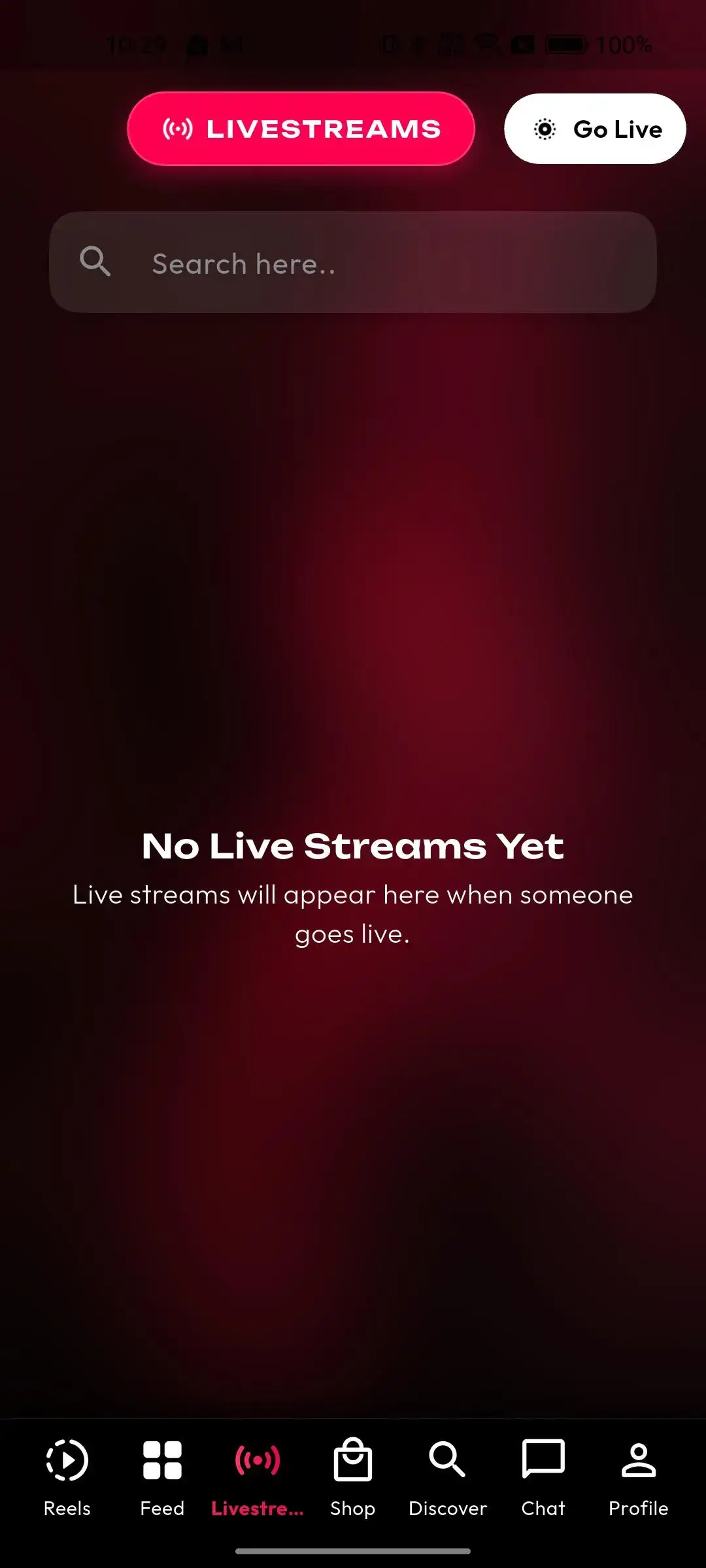 TikTok Clone 21 Mobile live-video hub with livestream discovery, go-live controls, search, and current broadcast availability