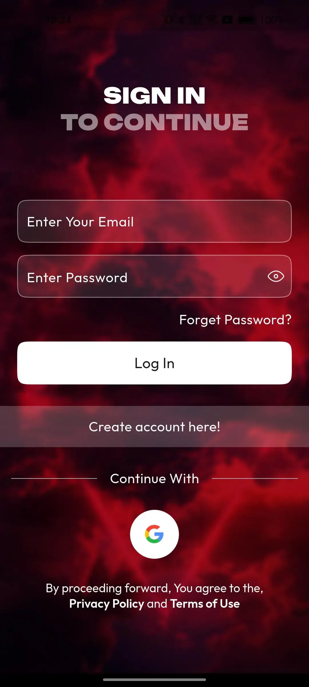 TikTok Clone 20 Mobile sign-in screen with email, password, recovery, account registration, and alternative authentication options