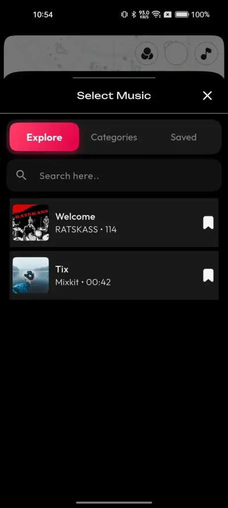 Triller Clone Script: Sound Libraries, Licensing and Reels by Track 1 Mobile music picker with explore, category, and saved tabs plus track search, preview, duration, bookmarking, and selection