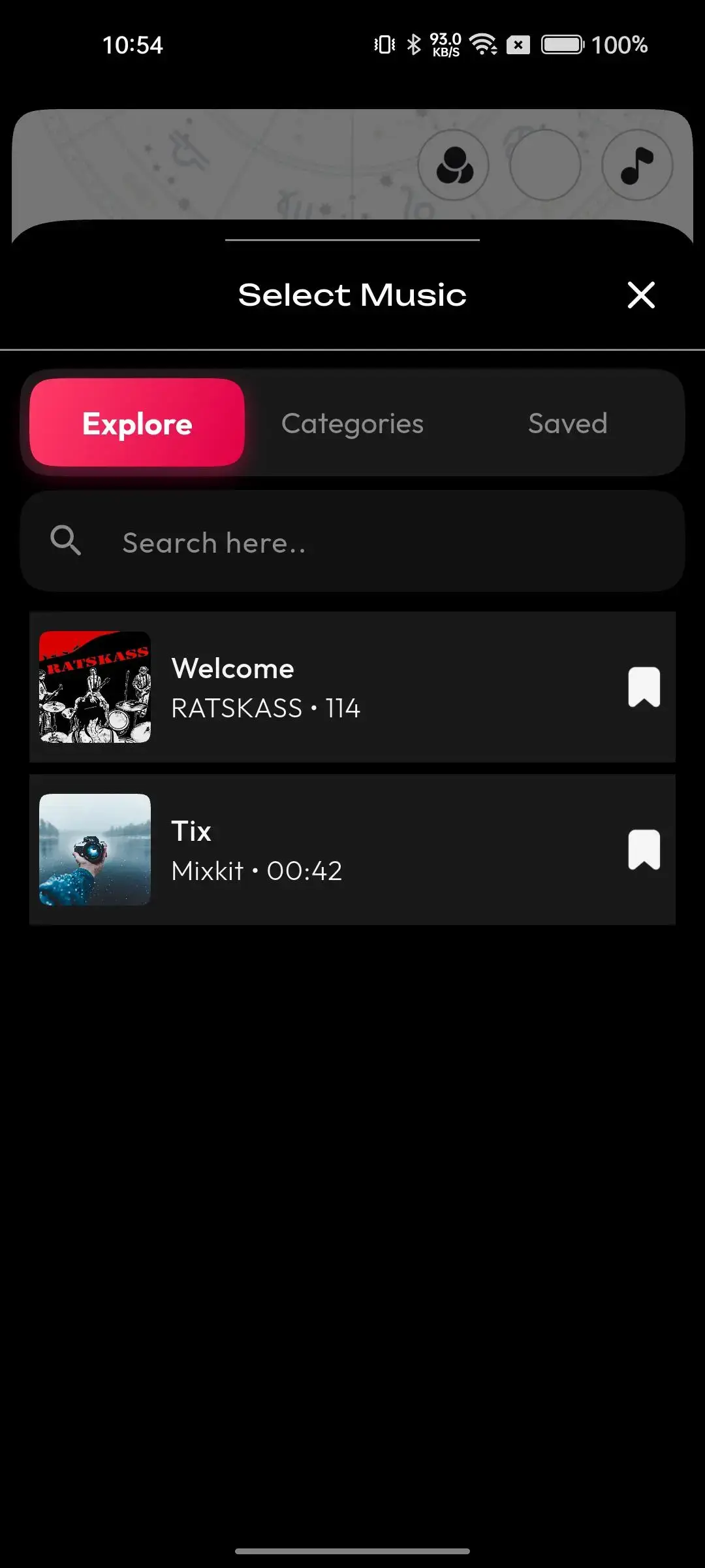 TikTok Clone 19 Mobile music picker with explore, category, and saved tabs plus track search, preview, duration, bookmarking, and selection