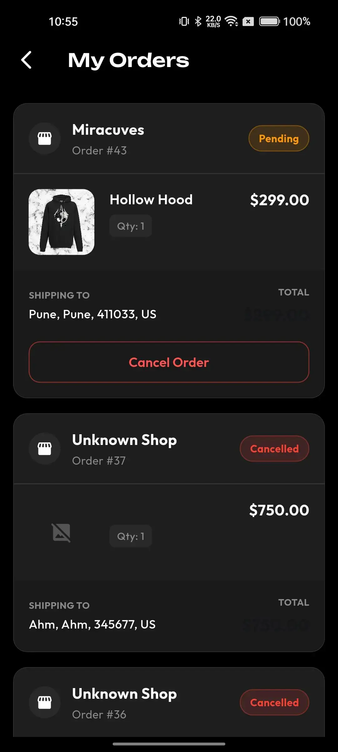 TikTok Clone 28 Mobile order-tracking screen showing purchased product, quantity, price, delivery address, total, and cancellation control