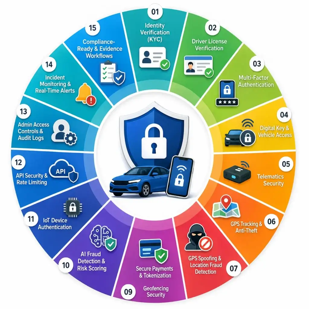 Key Security Integrations for Peer-to-Peer Car Sharing Apps in 2026 2 Infographic showing 15 security integrations for peer-to-peer car sharing apps including KYC, digital vehicle access, telematics security, fraud detection, GPS tracking, API protection, and compliance workflows.