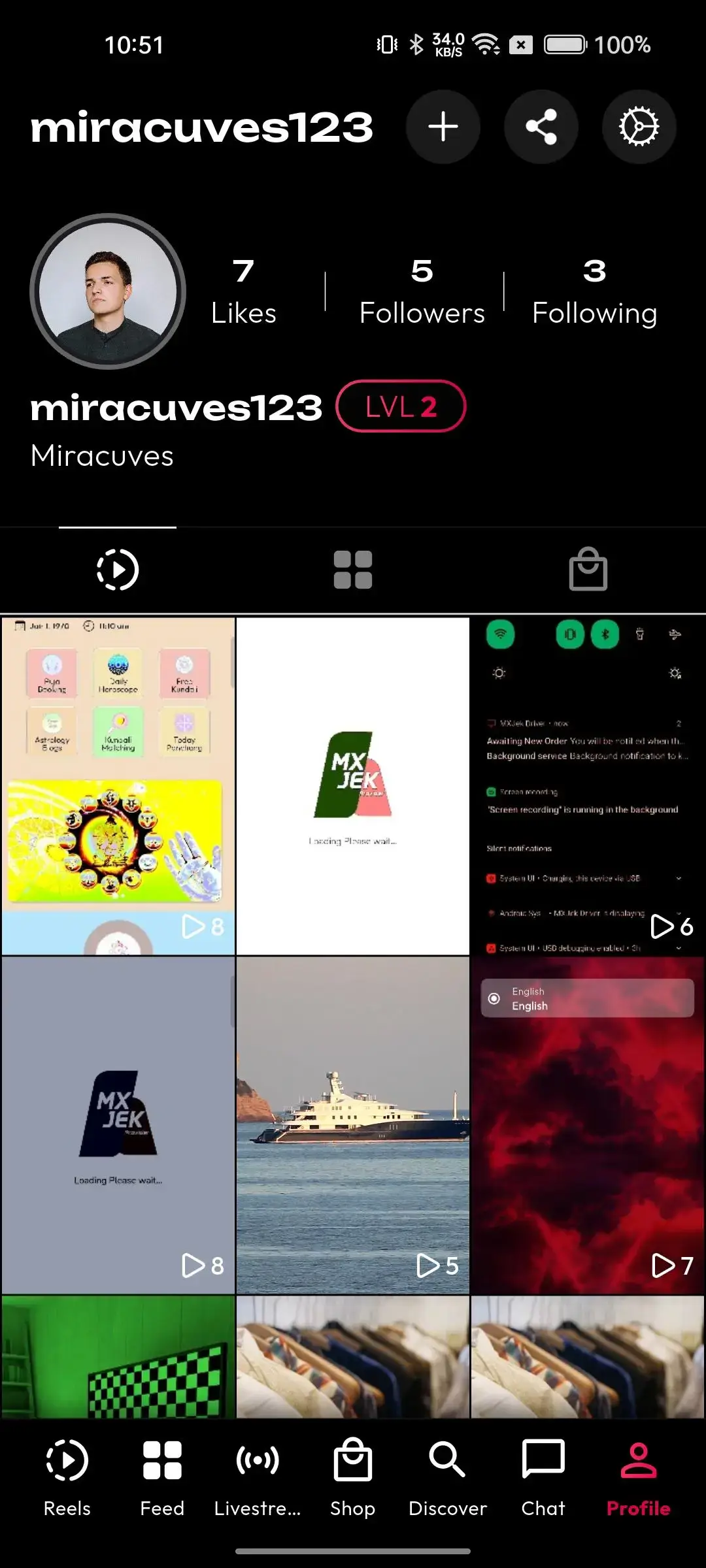 TikTok Clone 27 Mobile user profile showing biography, account level, likes, followers, following, videos, saved content, and profile actions