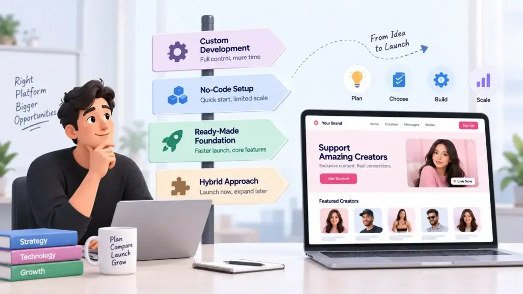 Launching a Subscription-Based Platform: Building Creator Supply, Paid Access, and Repeat Fan Spending 2 Ready-Made Foundation vs Custom Development comparison for launching a subscription-based creator platform.