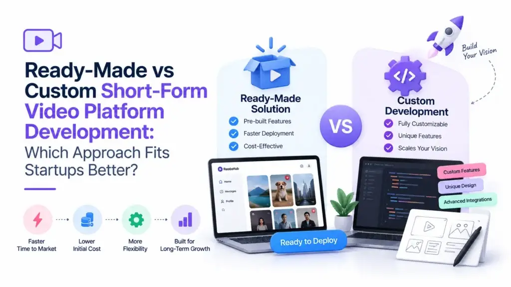 Ready-made vs custom short-form video platform development comparison showing deployment speed, cost, customization, unique features, integrations, and long-term scalability.