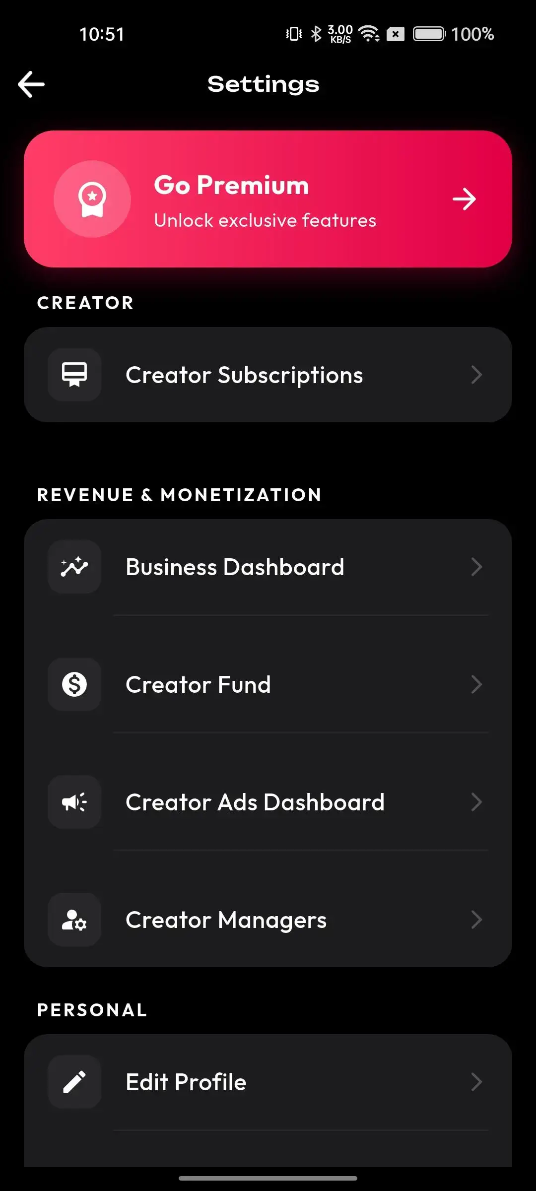 TikTok Clone 26 Mobile settings screen linking premium access, creator subscriptions, business dashboard, creator fund, and creator advertising tools