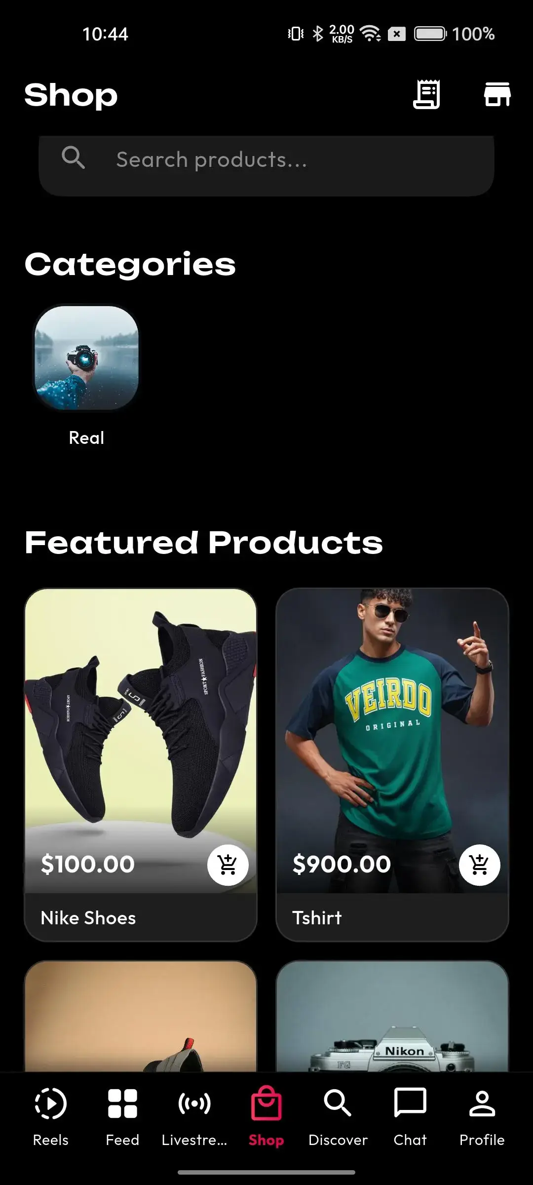 TikTok Clone 16 Mobile social-commerce shop with category search, featured products, images, prices, and marketplace navigation