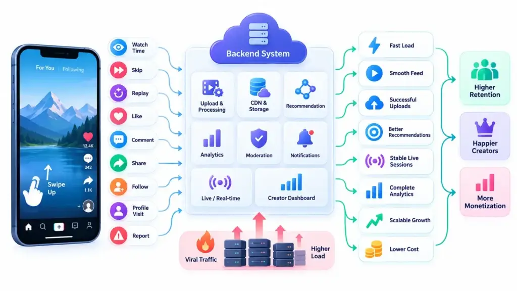 How a Short-Form Video Platform Backend Handles Feed Growth, Video Uploads, Live Streams, and Traffic Spikes 1 Short-form video backend system processing watch time, skips, replays, likes, comments, shares, follows, profile visits, reports, uploads, recommendations, moderation, analytics, and live sessions.