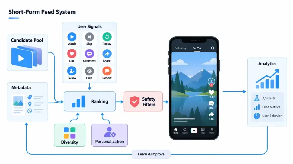 Feed Architecture for a Short-Form Video Platform: Ranking Signals, Diversity, and Real-Time Personalization 1 Short-form video feed ranking system showing candidate videos, metadata, user signals, diversity, personalization, safety filters, analytics, and continuous improvement.