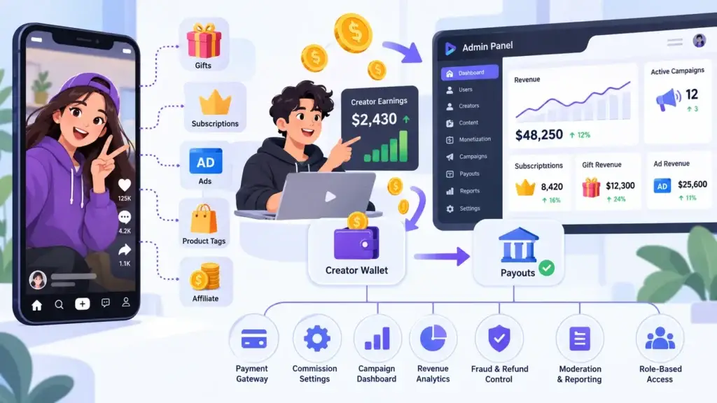 How Can a Short-Form Video Platform Monetize Through Ads, Gifts, Subscriptions, and Creator Commerce? 2 Short-form video monetization admin system managing gifts, subscriptions, ads, product tags, affiliate revenue, creator wallets, payouts, commissions, campaigns, analytics, fraud controls, and moderation.