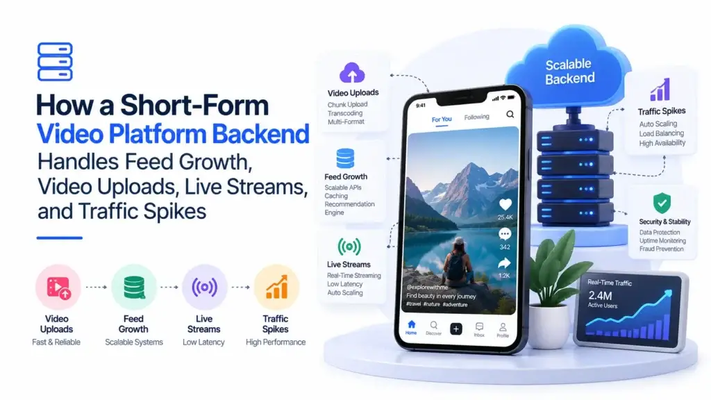 TikTok Clone 84 Short-form video platform backend handling feed growth, video uploads, live streaming, traffic spikes, auto scaling, load balancing, security, and high availability.