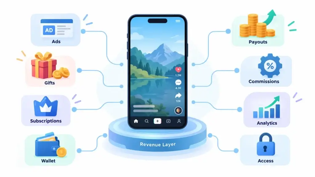 How Can a Short-Form Video Platform Monetize Through Ads, Gifts, Subscriptions, and Creator Commerce? 1 Short-form video revenue layer showing ads, gifts, subscriptions, wallet, creator payouts, commissions, analytics, and access controls.