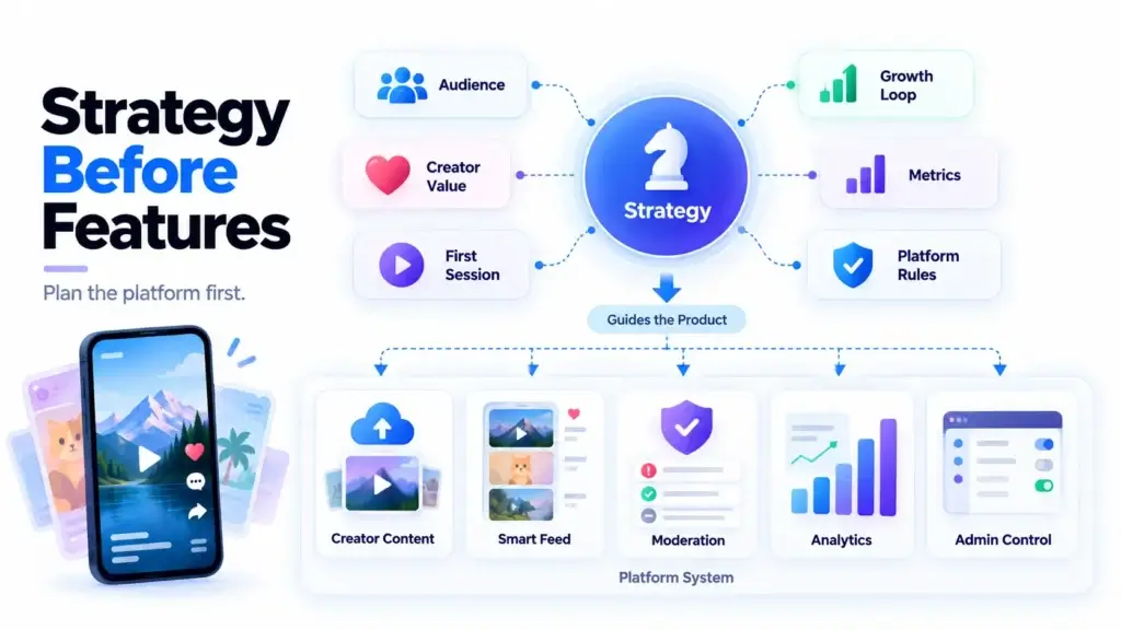 Startup Launch Strategy for a Short-Form Video Platform: From Product Readiness to Early Growth 1 Short-form video platform strategy framework showing audience planning, creator value, first-session experience, growth loops, metrics, platform rules, smart feeds, moderation, analytics, and admin controls.