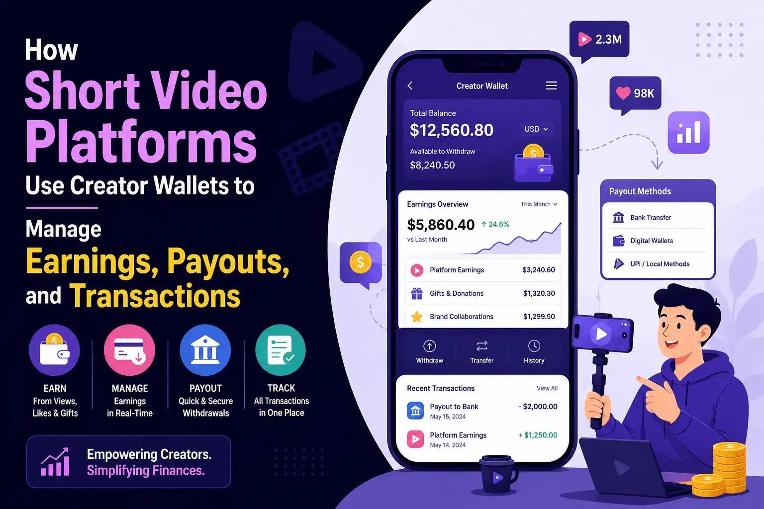 Short video platform creator wallet showing earnings dashboard, payouts, digital wallets, bank transfers, gifts, donations, and transaction management for creators.