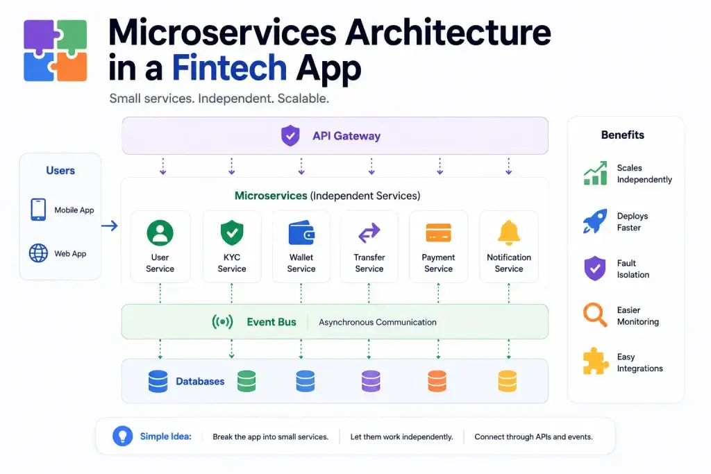 Microservices Architecture for Wise Clone Apps: How to Scale a Fintech App for 10K+ Concurrent Users 1 Simple microservices architecture infographic for a fintech app showing API gateway, independent services, event bus, databases, and scalability benefits