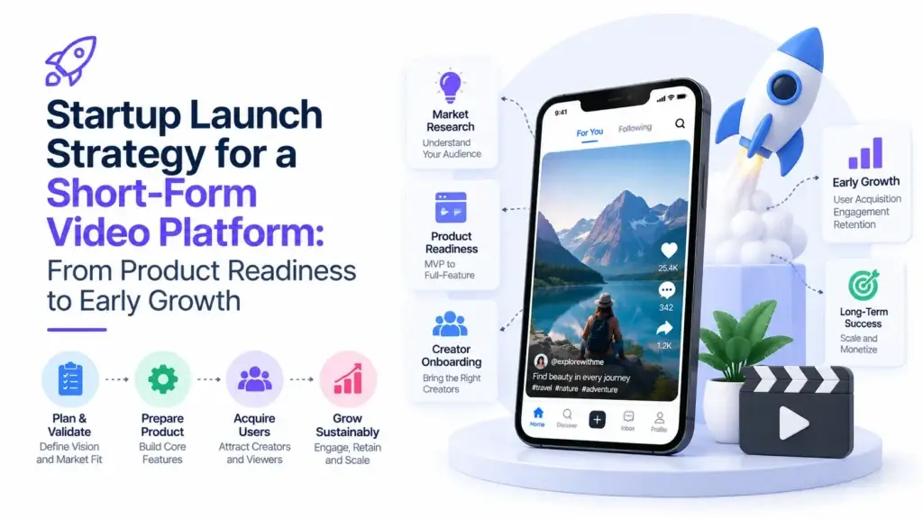 TikTok Clone 83 Startup launch strategy for a short-form video platform covering market research, product readiness, creator onboarding, user acquisition, engagement, retention, and long-term growth.