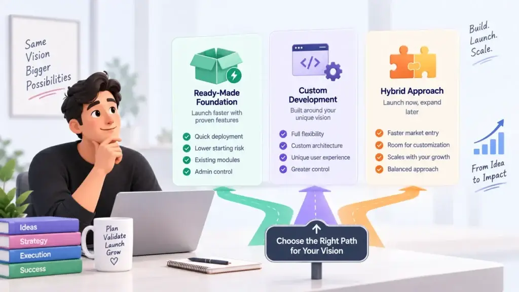 The Future of Subscription-Based Platforms: From Membership Access to Multi-Layer Creator Monetization 2 Subscription platform development approaches comparing a ready-made foundation, custom development, and a hybrid approach.