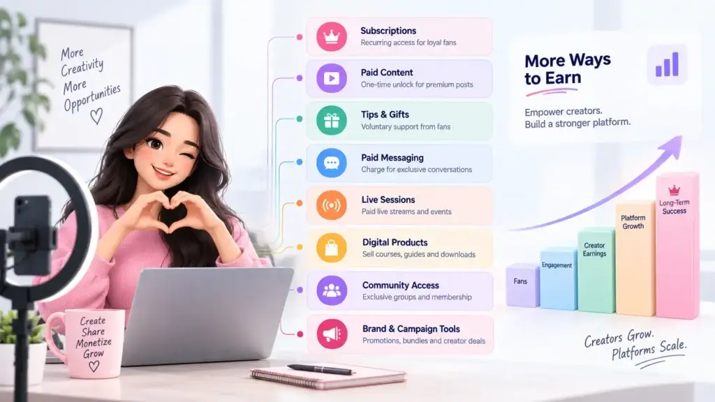 The Future of Subscription-Based Platforms: From Membership Access to Multi-Layer Creator Monetization 1 Subscription platform monetization opportunities through recurring plans, paid content, tips, messaging, live sessions, digital products, and community access.