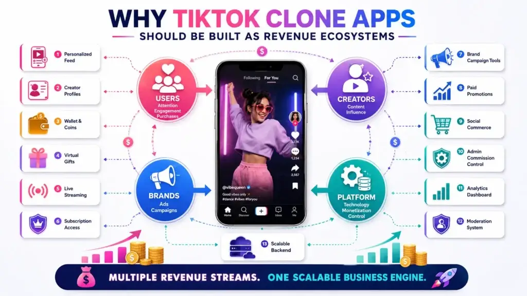Best Monetization Models That Turn TikTok Clone Apps Into Revenue Engines 1 TikTok clone app revenue ecosystem infographic showing users, creators, brands, platform monetization, personalized feed, wallet coins, virtual gifts, live streaming, subscriptions, social commerce, analytics, and moderation.