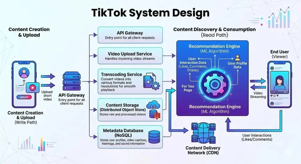 The Backend Architecture Every TikTok Clone Needs to Scale 2 TikTok system design architecture showing API gateway, video upload service, transcoding, recommendation engine, CDN, metadata database, and video streaming workflow