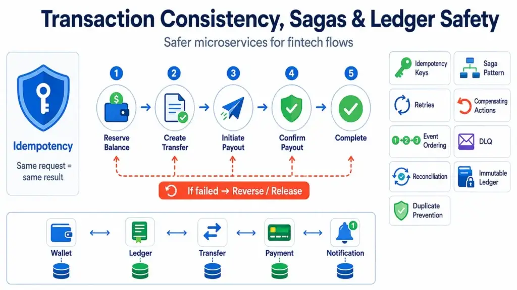 Microservices Architecture for Wise Clone Apps: How to Scale a Fintech App for 10K+ Concurrent Users 2 Fintech microservices transaction consistency workflow showing idempotency, saga pattern, reserve balance, create transfer, initiate payout, confirm payout, complete transaction, retries, reconciliation, DLQ, immutable ledger, and duplicate prevention
