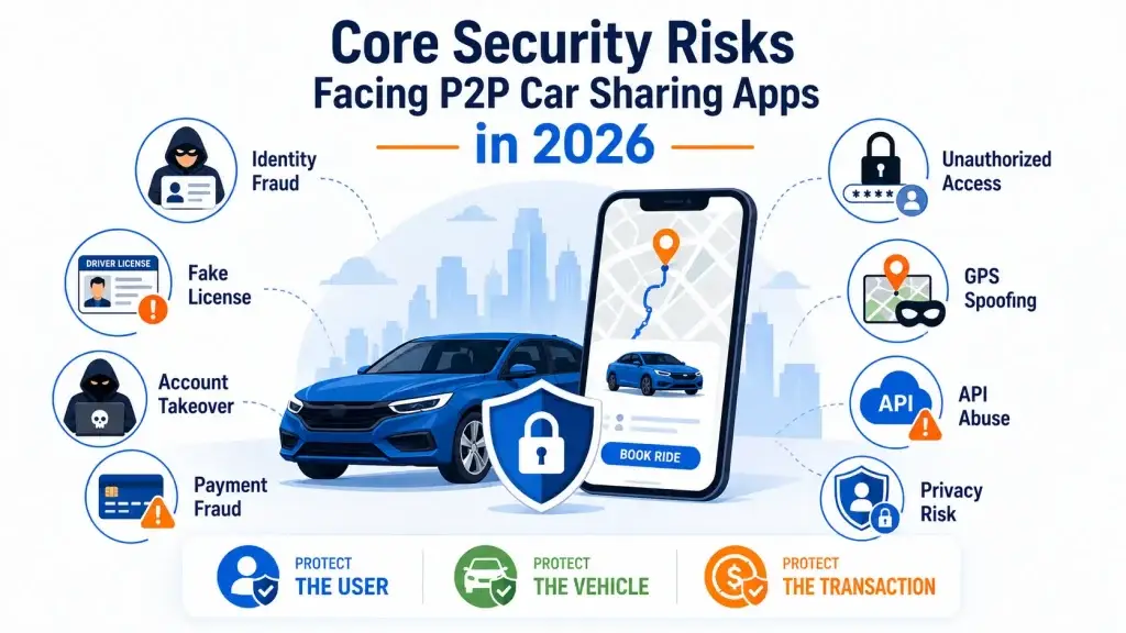Key Security Integrations for Peer-to-Peer Car Sharing Apps in 2026 1 P2P car sharing app security risks showing identity fraud, fake licenses, account takeover, payment fraud, unauthorized access, GPS spoofing, API abuse, and privacy risks.