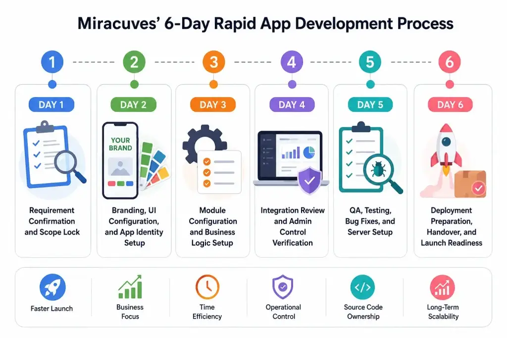 How Miracuves Delivers Enterprise-Grade Apps in Just 6 Days Without Cutting Corners 1 Miracuves 6-day rapid app development process showing requirement confirmation, branding setup, module configuration, admin verification, QA testing, and deployment readiness.