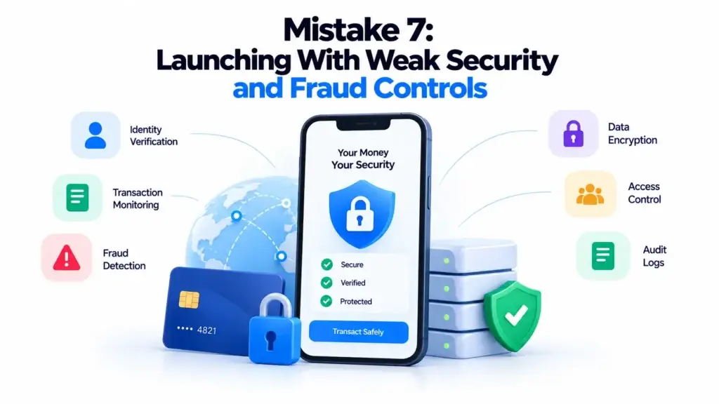 What Mistakes Should Startups Avoid When Launching a Cross-Border Payment Platform? 2 Cross-border payment platform security with identity verification, transaction monitoring, fraud detection, encryption, access control, and audit logs