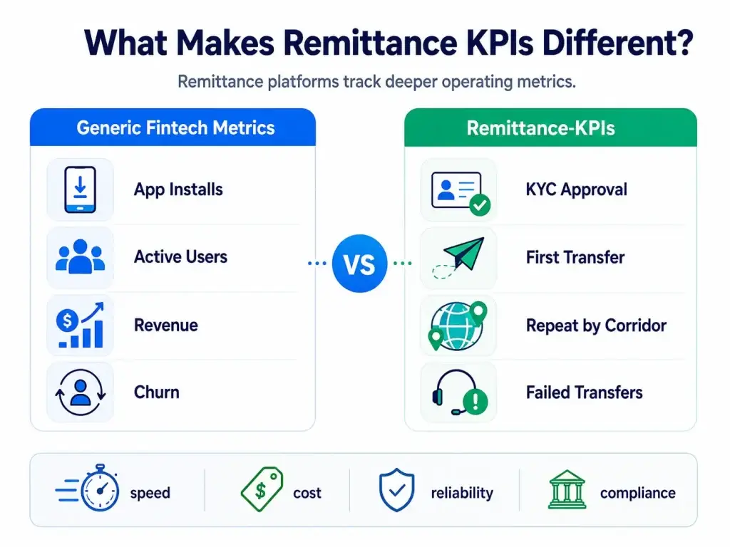 Remittance Platform Metrics That Matter: 7 KPIs for Profitable Cross-Border Money Transfer Growth 1 Comparison infographic showing generic fintech metrics versus remittance-specific KPIs including KYC approval, first transfer success, repeat transfers by corridor, failed transfers, speed, cost, reliability, and compliance.