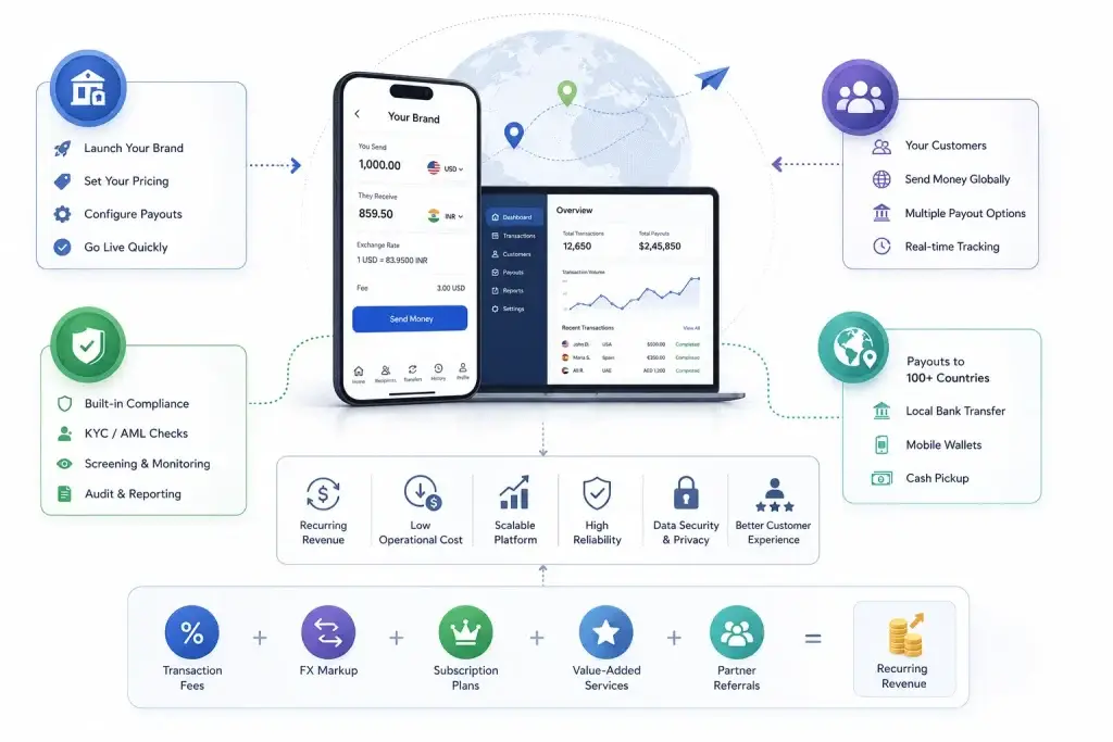 White-Label Remittance Business Models: How Agencies Can Build Recurring Revenue With Wise Clone Apps 2 White-label remittance platform architecture with recurring revenue model and global payout infrastructure