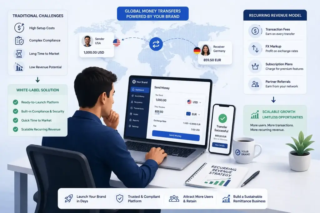 White-Label Remittance Business Models: How Agencies Can Build Recurring Revenue With Wise Clone Apps 1 White-label remittance platform showing recurring revenue model and global money transfer system
