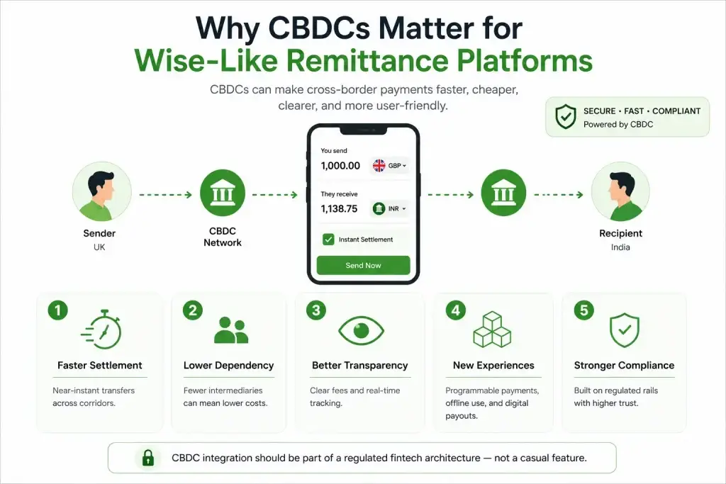 CBDC Integration for Remittance Apps: Preparing Wise-Like Platforms for Digital Currency Payments 1 Infographic showing why CBDCs matter for Wise-like remittance platforms with sender to recipient payment flow, CBDC network, faster settlement, transparency, and compliance benefits