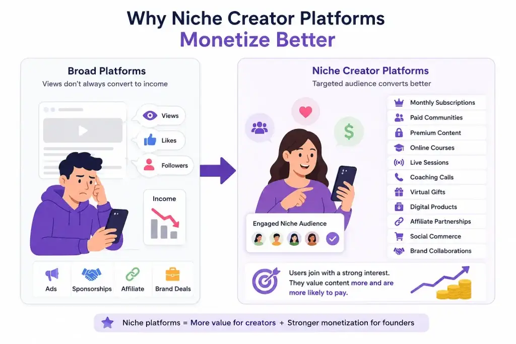 Why Niche Creator Platforms Are Becoming the Next Big Growth Opportunity 1 Vector infographic showing how niche creator platforms convert targeted audiences into stronger revenue through subscriptions, paid communities, premium content, live sessions, digital products, and brand collaborations.