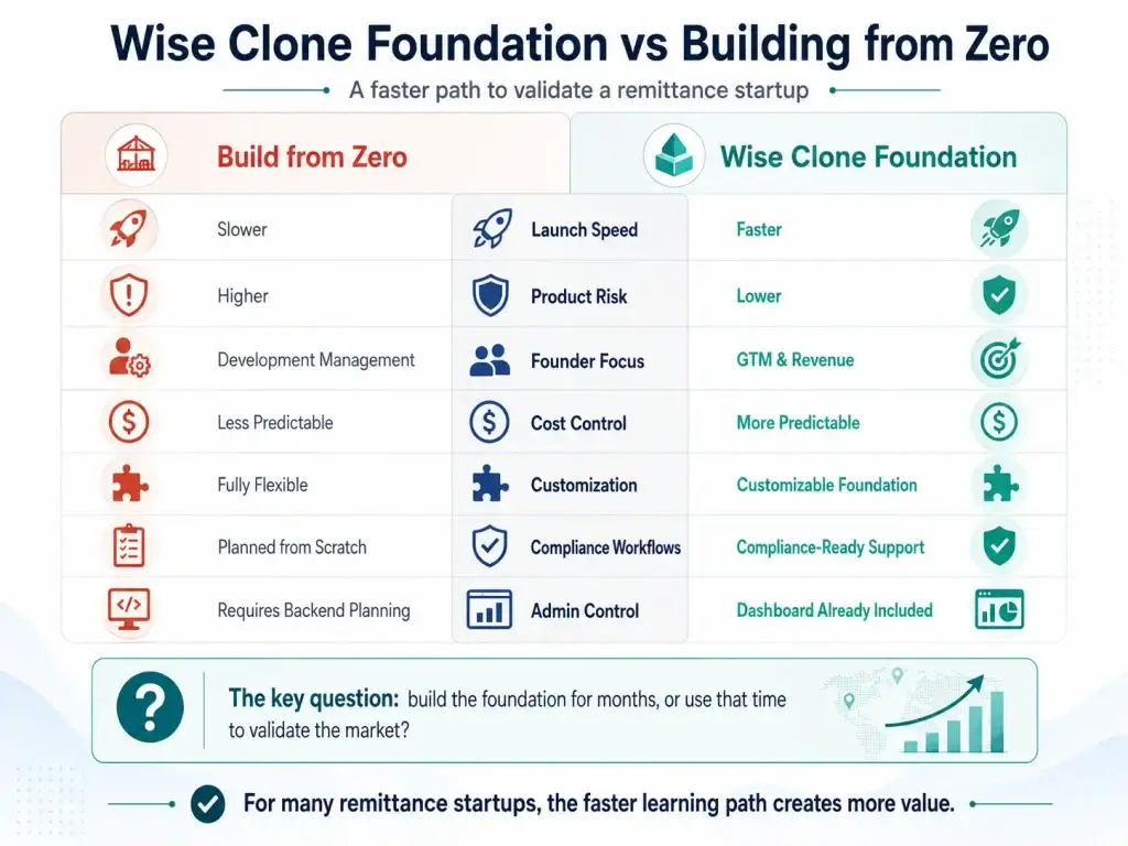 From Zero to Revenue: How a Remittance Startup Can Scale Using a Wise Clone Foundation 2 Comparison between Wise clone foundation and building a remittance app from zero showing launch speed, product risk, founder focus, cost control, customization, compliance workflows, and admin control.