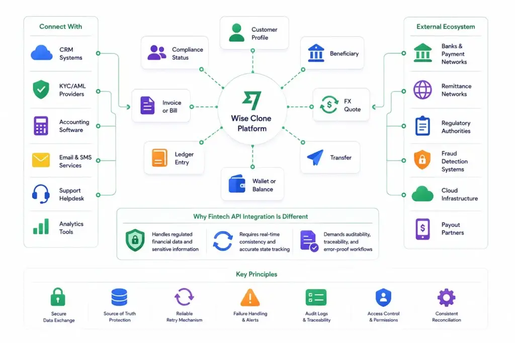 API-First Fintech Architecture: How Wise Clone Platforms Connect With ERP, CRM, and Accounting Tools 1 Wise clone API integration showing fintech workflows, customer profiles, beneficiaries, FX quotes, transfers, wallet balances, ledger entries, invoices, compliance status, retries, audit logs, and secure data flow