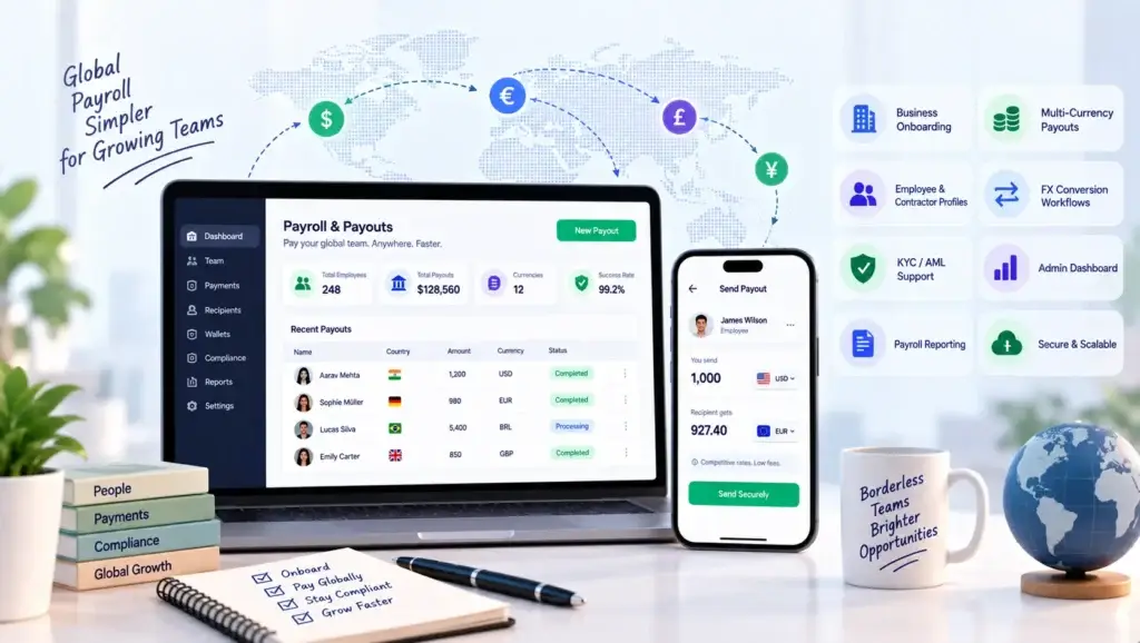 Cross-Border Payroll With Wise Clone Features: How HR Tech Platforms Can Support Global Teams 2 Wise-style global payroll platform with business onboarding, employee profiles, multi-currency payouts, FX conversion, KYC and AML support.