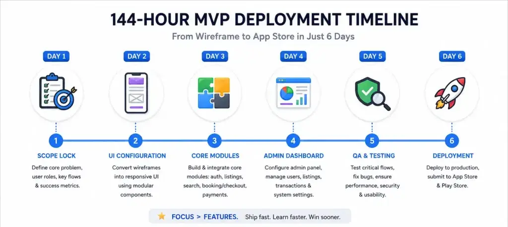 From Wireframe to App Store in 144 Hours: A Marketplace MVP Scope Breakdown 1 144-hour marketplace MVP deployment timeline from wireframe to app store