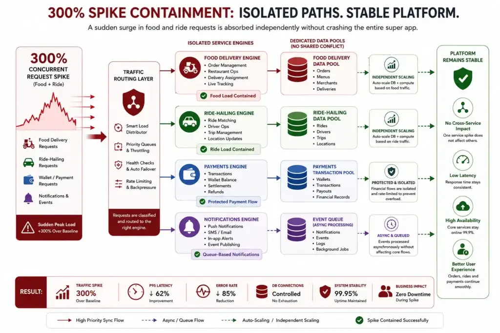 The Multi-Service Spike: How We Architected a Gojek Clone to Survive a 300% Flash-Load 3 Super app backend containing a 300 percent spike with separated service data pools