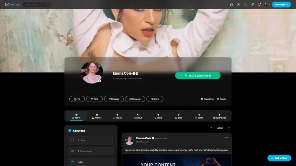 IsMyGirl Clone 46 MXFans creator profile dashboard showing subscriptions, tips, gifts, messaging, shoutouts, posts, photos, reels, campaigns, subscriber details, and creator content tools.