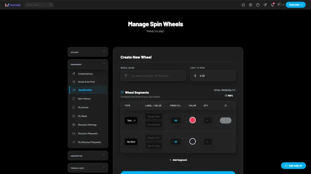 IsMyGirl Clone 29 Miracuves Onlyfans clone creator Spin Wheels creation page