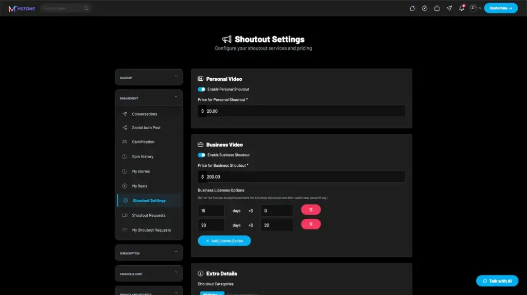 IsMyGirl Clone 27 Miracuves Shoutout Settings page on OnlyFans clone website